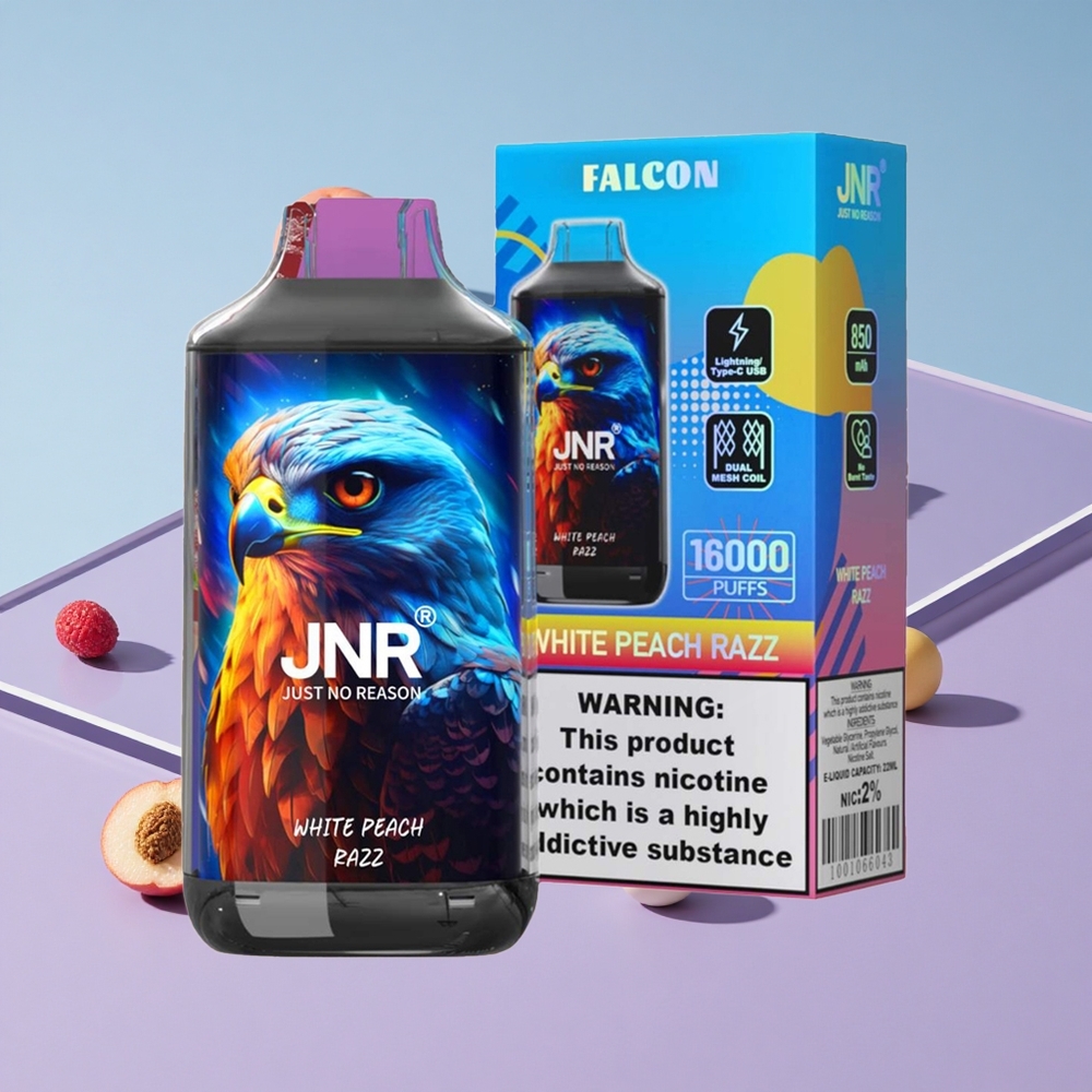 Hvit fersken og bringebær JNR Falcon 16000 Puffs 22ml e-væske vape wholesale Norway