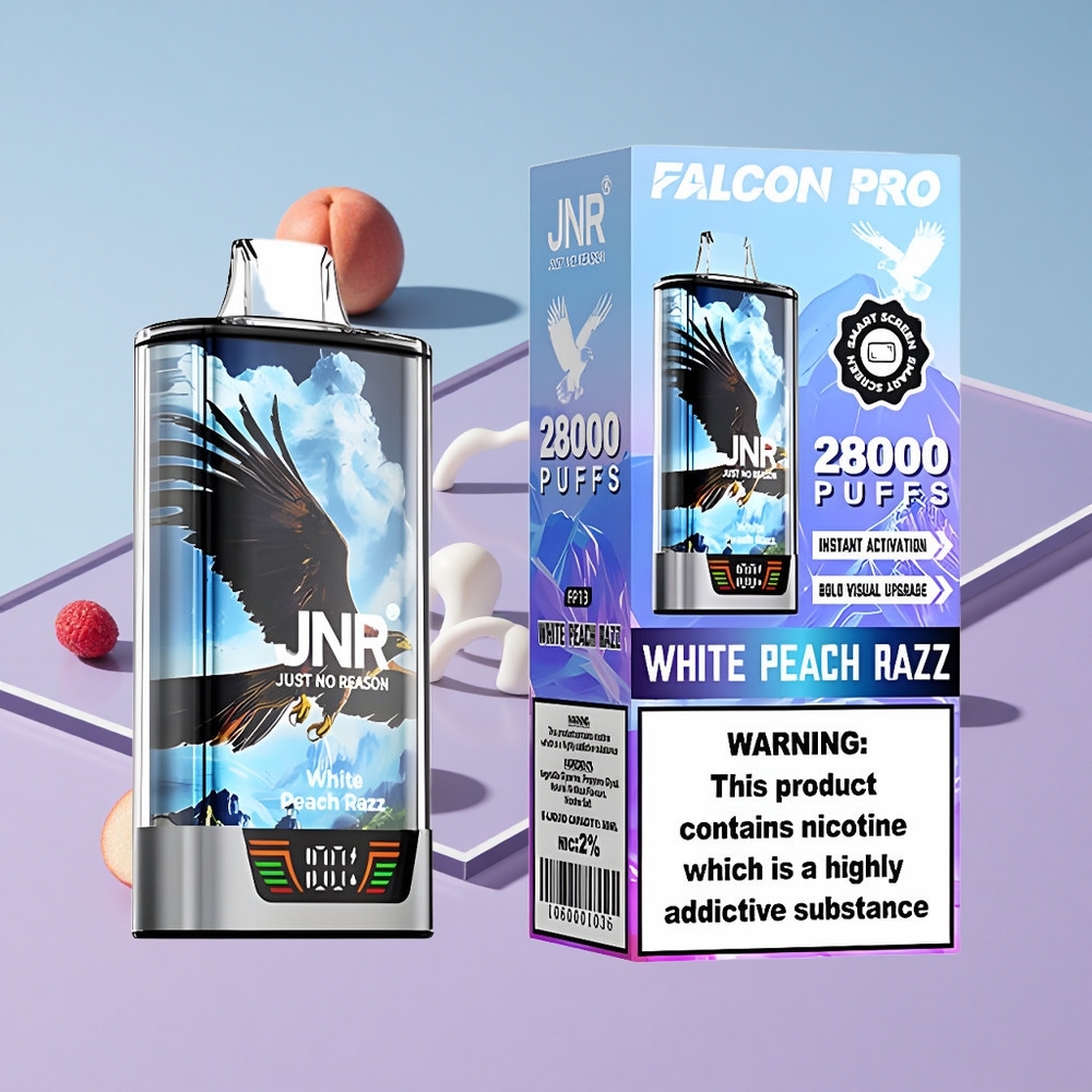 Hvit fersken og bringebær JNR Falcon Pro 28000 Puffs Smart Display vape wholesale Norway